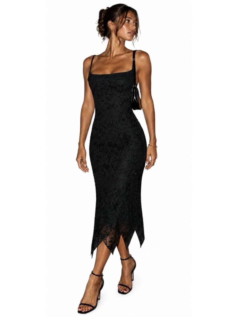 Vtg Black Velvet Burnout Midi Dress Medium Floral handkerchief hem Whimsigoth